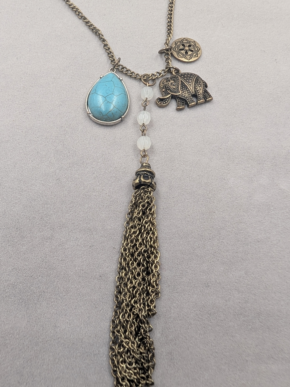 Boho Elephant Turquoise Tone Stone Tassel Statement Necklace 0810 - Picture 3 of 6